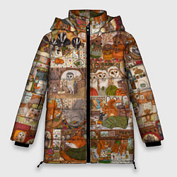 Куртка зимняя женская Коллаж из сказочных зверей - совы, белки, ёжики, цвет: 3D-черный