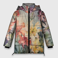 Куртка зимняя женская Акварельные лилии, цвет: 3D-черный