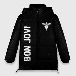 Куртка зимняя женская Bon Jovi glitch на темном фоне: надпись, символ, цвет: 3D-черный
