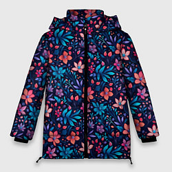 Куртка зимняя женская Цветочный паттерн в синих и сиреневых тонах, цвет: 3D-светло-серый