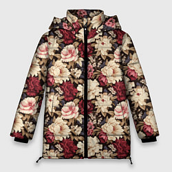 Куртка зимняя женская Винтажные цветы паттерн, цвет: 3D-красный