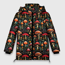 Куртка зимняя женская Сказочные грибы мухоморы паттерн, цвет: 3D-красный