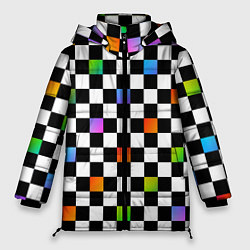Куртка зимняя женская Черно-бело-радужная клетка, цвет: 3D-черный