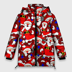 Куртка зимняя женская Новогодний паттерн с дедами морозами, цвет: 3D-красный