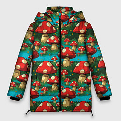 Куртка зимняя женская Мультяшный мухомор паттерн, цвет: 3D-красный