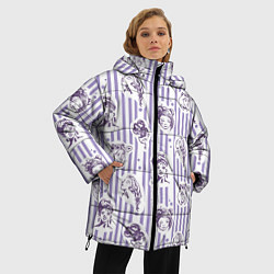 Куртка зимняя женская Лица девушек полоски и кружочки, цвет: 3D-черный — фото 2