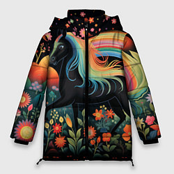 Куртка зимняя женская Лошадка с радужной гривой в стиле фолк-арт, цвет: 3D-черный