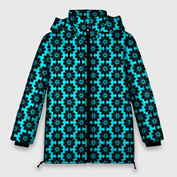 Куртка зимняя женская Стилизованные цветы чёрно-голубой, цвет: 3D-черный