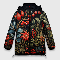 Куртка зимняя женская Новогодние ягоды и цветы, цвет: 3D-красный