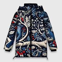 Куртка зимняя женская Новогодние снегири на ветках, цвет: 3D-черный