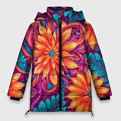 Куртка зимняя женская Цветы и листья узор, цвет: 3D-черный