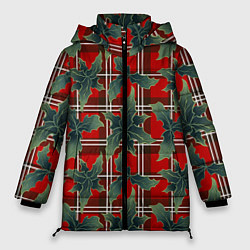 Куртка зимняя женская Листья остролиста на красной шотландке, цвет: 3D-черный