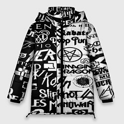 Куртка зимняя женская Логотипы лучших групп черно белый, цвет: 3D-черный