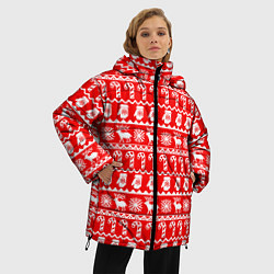 Куртка зимняя женская Новогодний узор с оленями и снежинками, цвет: 3D-красный — фото 2