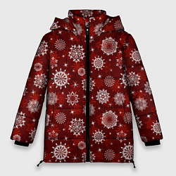 Куртка зимняя женская Snowflakes on a red background, цвет: 3D-черный