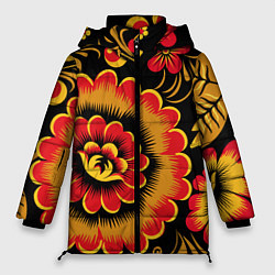 Куртка зимняя женская Хохломская роспись красно-жёлтые цветы на чёрном ф, цвет: 3D-черный