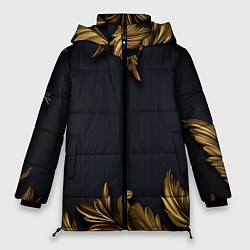 Куртка зимняя женская Золотые объемные листья на черном, цвет: 3D-красный