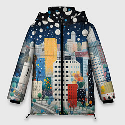 Куртка зимняя женская Новогодний ночной город, цвет: 3D-черный
