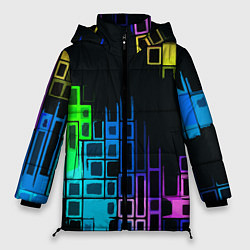 Куртка зимняя женская Разноцветные прямоугольники на чёрном фоне, цвет: 3D-светло-серый
