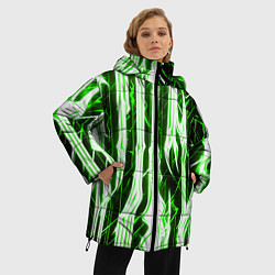 Куртка зимняя женская Зелёные неоновые полосы на чёрном фоне, цвет: 3D-светло-серый — фото 2
