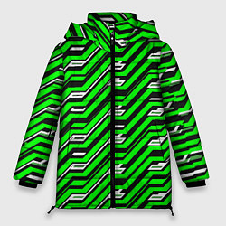 Куртка зимняя женская Чёрно-зелёный линейный узор киберпанк, цвет: 3D-светло-серый