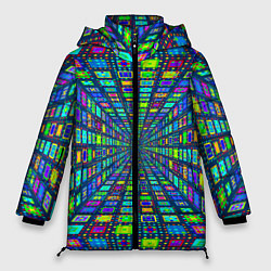 Куртка зимняя женская Абстрактный узор коридор из разноцветных квадратов, цвет: 3D-черный