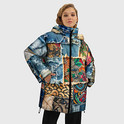 Куртка зимняя женская Японские мотивы на дениме, цвет: 3D-красный — фото 2