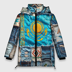 Куртка зимняя женская Пэчворк джинсы в Казахстане, цвет: 3D-черный