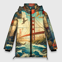 Куртка зимняя женская Мост через реку и пэчворк - нейросеть арт USA brid, цвет: 3D-черный
