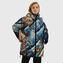 Куртка зимняя женская Джинсовый пэчворк с пуговицами - мода, цвет: 3D-черный — фото 2