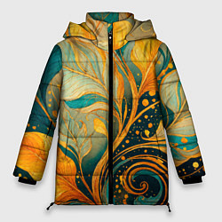 Куртка зимняя женская Золотые и бирюзовые листья абстракция, цвет: 3D-черный