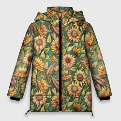 Куртка зимняя женская Желтые подсолнухи и пшеница, цвет: 3D-черный