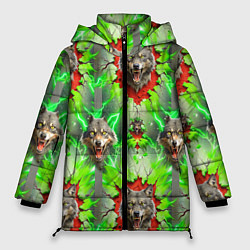 Куртка зимняя женская Волки из зеленого паттерна, цвет: 3D-черный