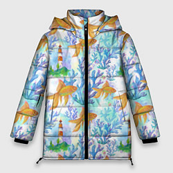Куртка зимняя женская Золотая рыбка и кораллы акварельные, цвет: 3D-черный