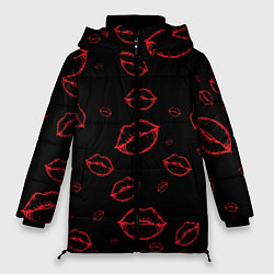 Куртка зимняя женская Паттерн красные губы на черном - lips red, цвет: 3D-черный