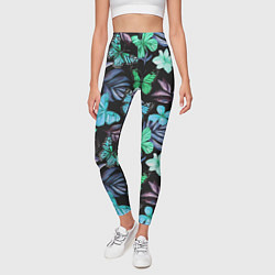 Леггинсы женские Бабочки и тропические цветы на черном фоне, цвет: 3D-принт — фото 2