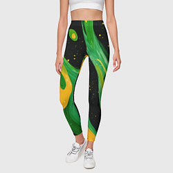 Леггинсы женские Зелено-желтая краска на черном, цвет: 3D-принт — фото 2