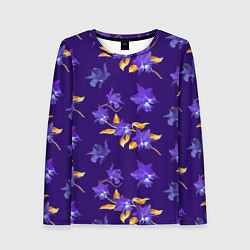 Лонгслив женский Цветы Фиолетовые Ирисы На Синем Фоне, цвет: 3D-принт