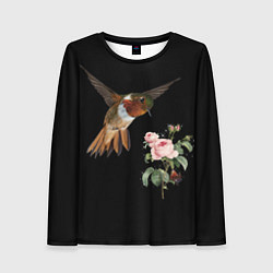 Лонгслив женский Птицы колибри розы на черном фоне, цвет: 3D-принт