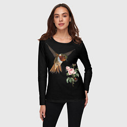 Лонгслив женский Птицы колибри розы на черном фоне, цвет: 3D-принт — фото 2