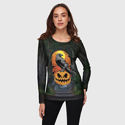 Лонгслив женский Ворон, сидящий на тыкве - Halloween, цвет: 3D-принт — фото 2
