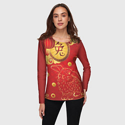 Лонгслив женский Китайский иероглиф и золотой кролик на красном фон, цвет: 3D-принт — фото 2