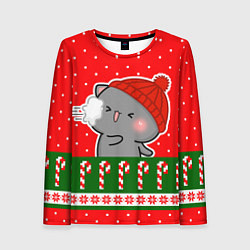 Женский лонгслив Серый котик - играет в снежки