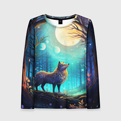 Женский лонгслив Волк в ночном лесу в folk art стиле