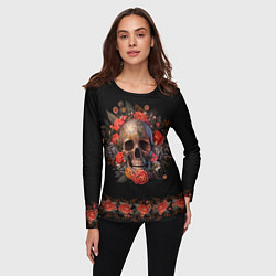 Лонгслив женский Череп украшенный цветами, цвет: 3D-принт — фото 2