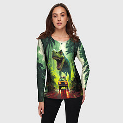 Лонгслив женский Динозавр в погоне за машиной в джунглях, цвет: 3D-принт — фото 2