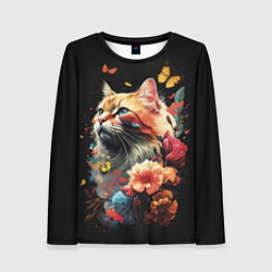 Лонгслив женский Рыжий кот в цветах, цвет: 3D-принт