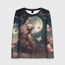 Лонгслив женский Девушка в сакуре под луной, цвет: 3D-принт