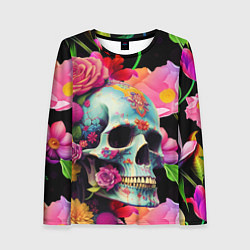 Лонгслив женский Skull on a background of flowers - irezumi, цвет: 3D-принт
