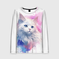 Лонгслив женский Белая кошечка акварель, цвет: 3D-принт